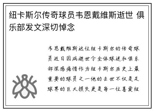 纽卡斯尔传奇球员韦恩戴维斯逝世 俱乐部发文深切悼念