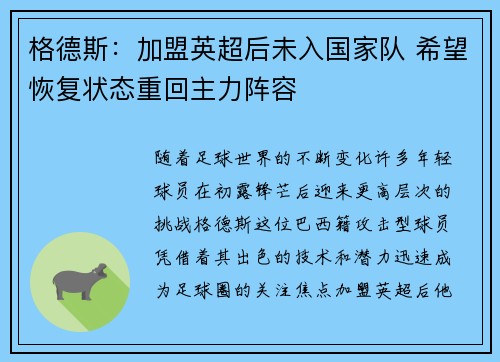 格德斯：加盟英超后未入国家队 希望恢复状态重回主力阵容